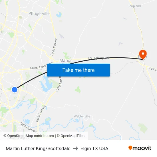Martin Luther King/Scottsdale to Elgin TX USA map
