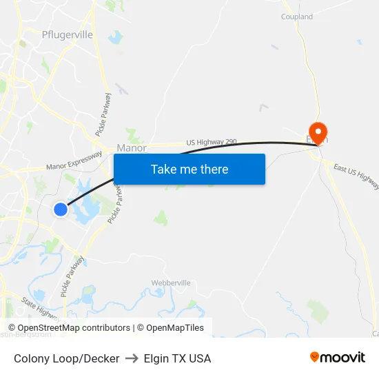 Colony Loop/Decker to Elgin TX USA map