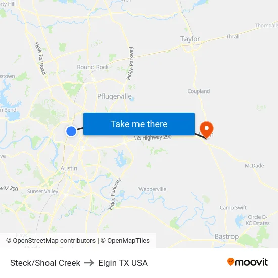 Steck/Shoal Creek to Elgin TX USA map