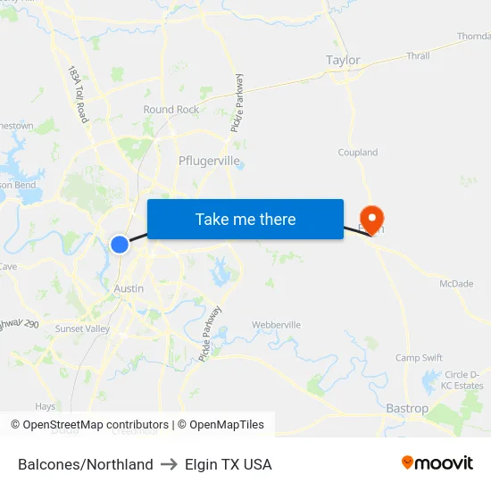 Balcones/Northland to Elgin TX USA map