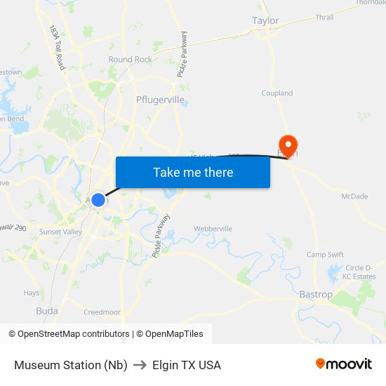 Museum Station (Nb) to Elgin TX USA map