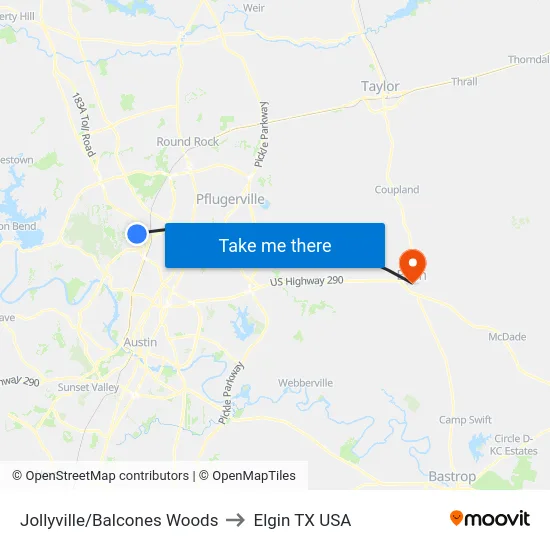 Jollyville/Balcones Woods to Elgin TX USA map