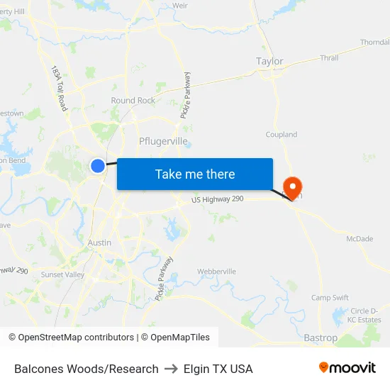 Balcones Woods/Research to Elgin TX USA map