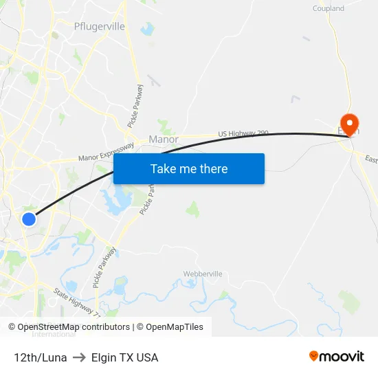 12th/Luna to Elgin TX USA map