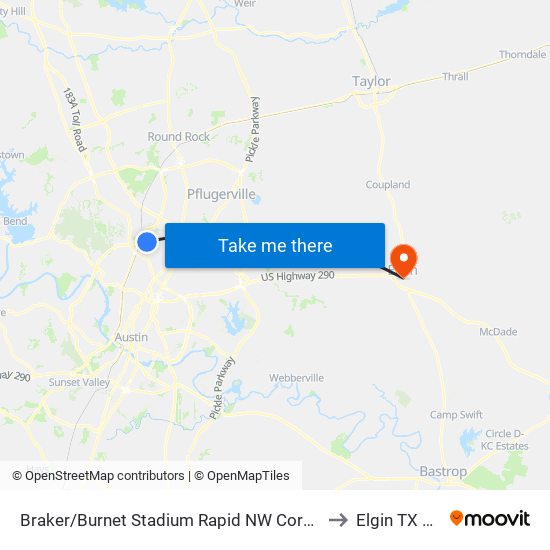 Braker/Burnet Stadium Rapid NW Corner (Sb) to Elgin TX USA map