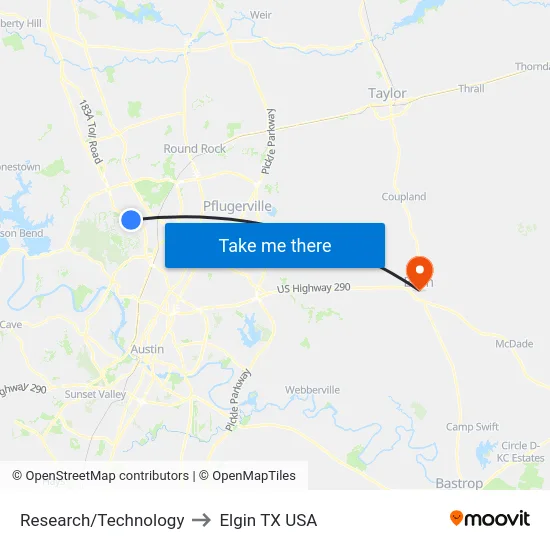 Research/Technology to Elgin TX USA map