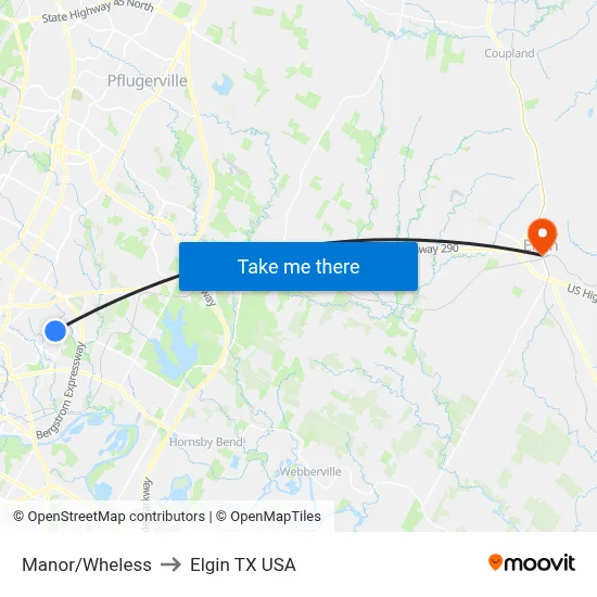 Manor/Wheless to Elgin TX USA map