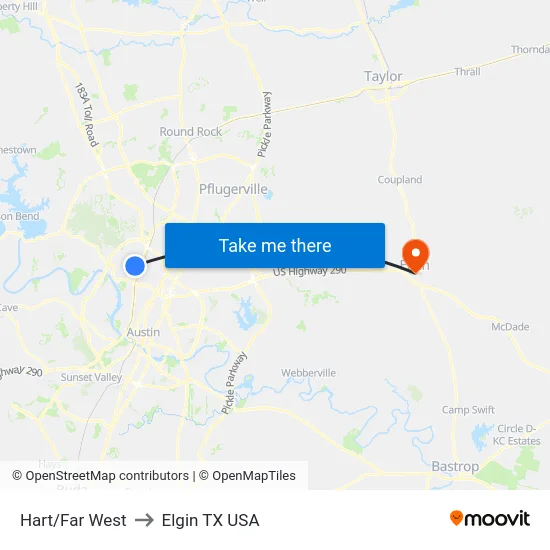 Hart/Far West to Elgin TX USA map
