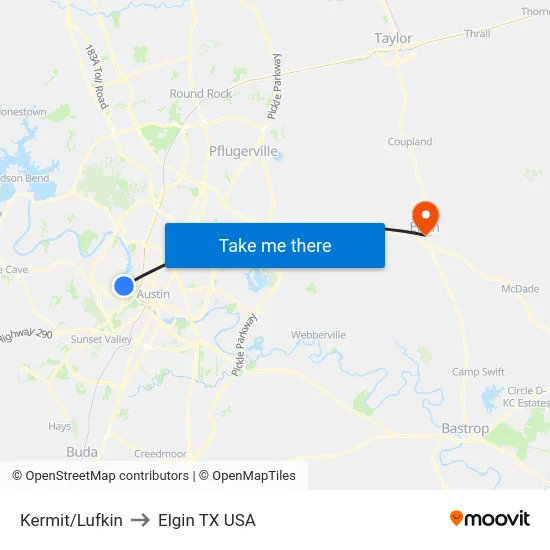 Kermit/Lufkin to Elgin TX USA map