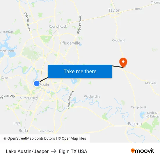 Lake Austin/Jasper to Elgin TX USA map