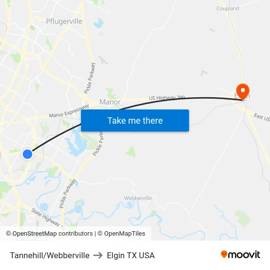Tannehill/Webberville to Elgin TX USA map