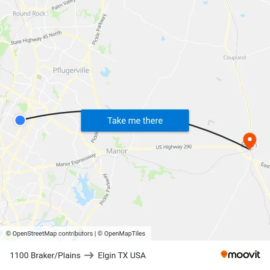 1100 Braker/Plains to Elgin TX USA map