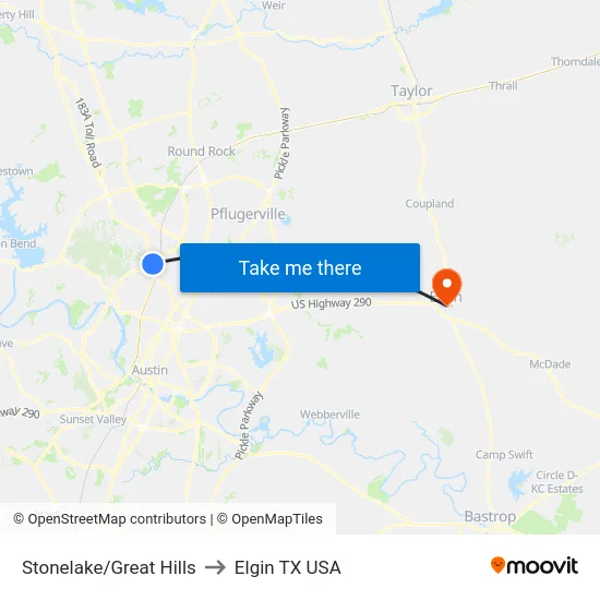 Stonelake/Great Hills to Elgin TX USA map