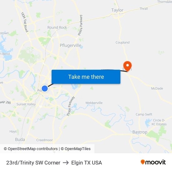 23rd/Trinity SW Corner to Elgin TX USA map
