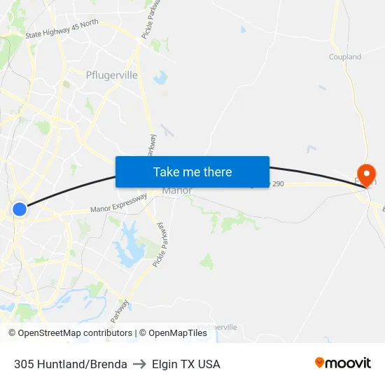 305 Huntland/Brenda to Elgin TX USA map