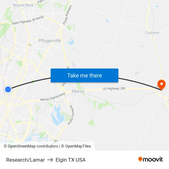 Research/Lamar to Elgin TX USA map