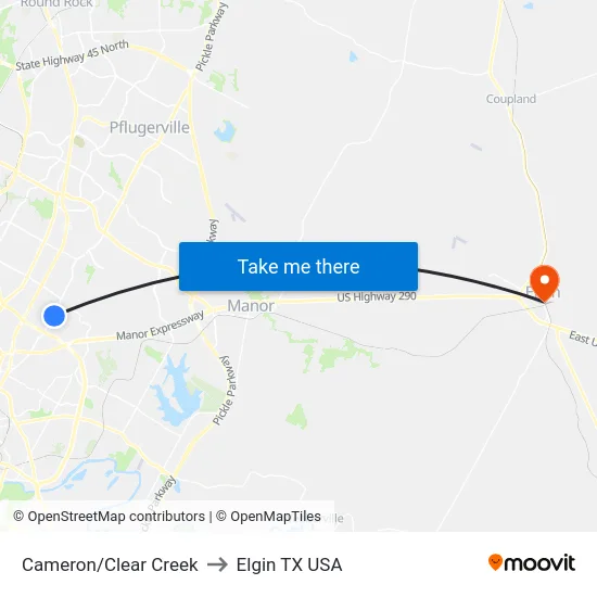 Cameron/Clear Creek to Elgin TX USA map