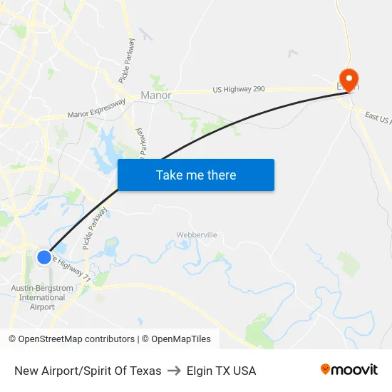 New Airport/Spirit Of Texas to Elgin TX USA map