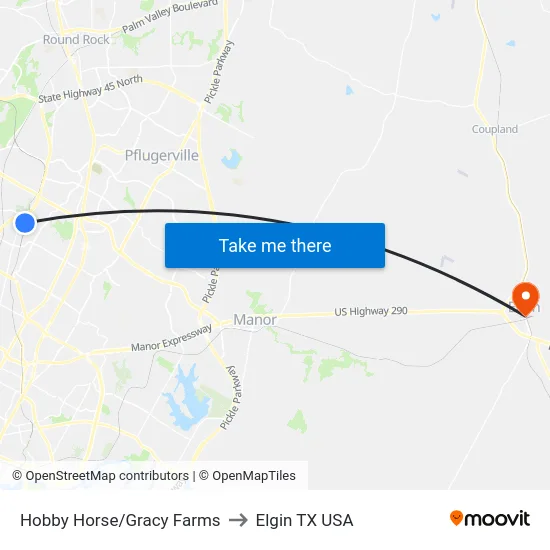 Hobby Horse/Gracy Farms to Elgin TX USA map