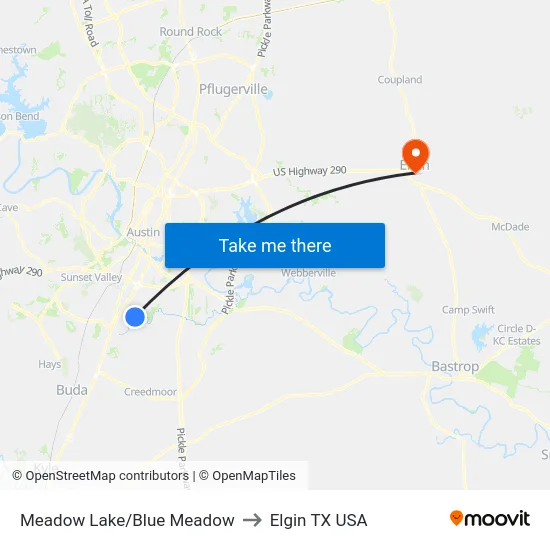 Meadow Lake/Blue Meadow to Elgin TX USA map