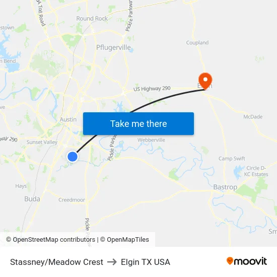 Stassney/Meadow Crest to Elgin TX USA map