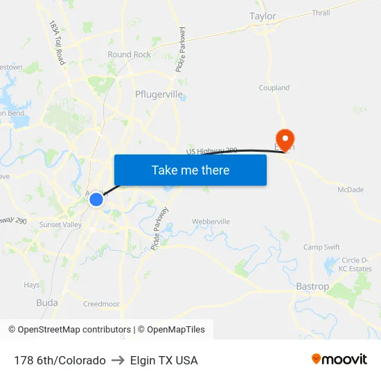 178 6th/Colorado to Elgin TX USA map