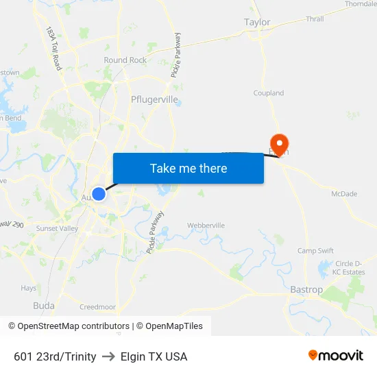 601 23rd/Trinity to Elgin TX USA map