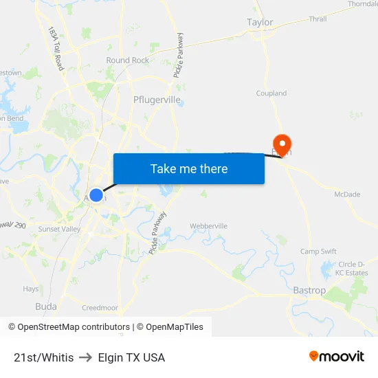 21st/Whitis to Elgin TX USA map