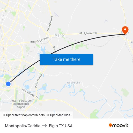 Montopolis/Caddie to Elgin TX USA map