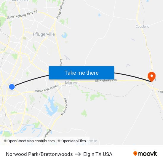 Norwood Park/Brettonwoods to Elgin TX USA map