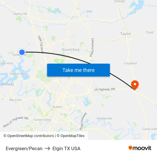 Evergreen/Pecan to Elgin TX USA map