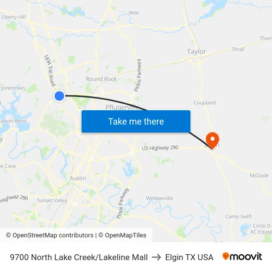 9700 North Lake Creek/Lakeline Mall to Elgin TX USA map