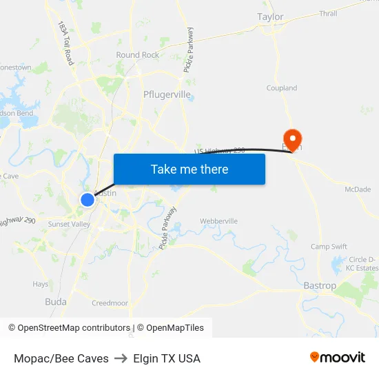 Mopac/Bee Caves to Elgin TX USA map