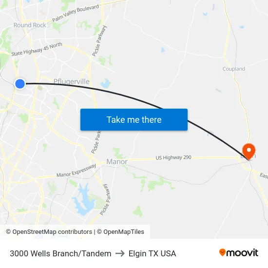 3000 Wells Branch/Tandem to Elgin TX USA map