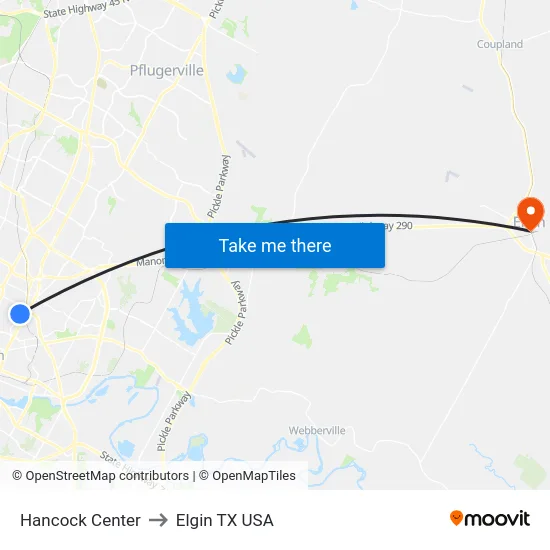 Hancock Center to Elgin TX USA map