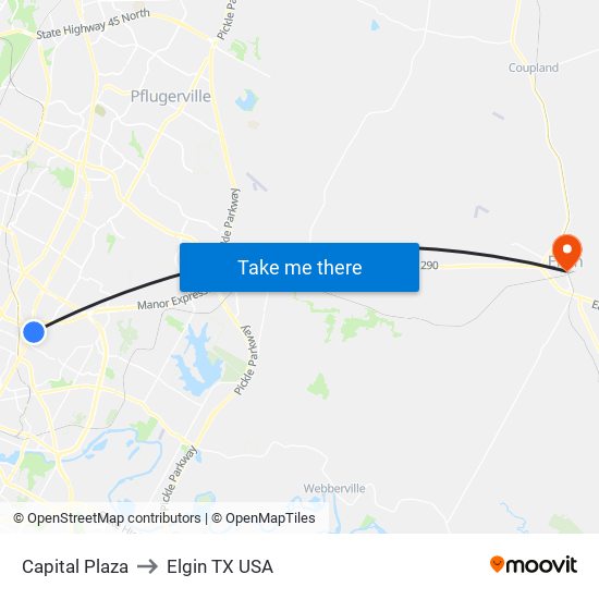 Capital Plaza to Elgin TX USA map