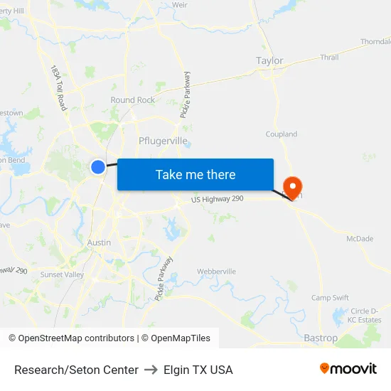 Research/Seton Center to Elgin TX USA map