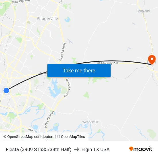 Fiesta (3909 S Ih35/38th Half) to Elgin TX USA map