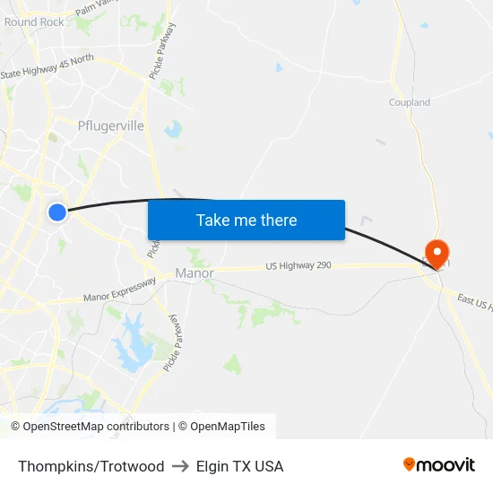 Thompkins/Trotwood to Elgin TX USA map