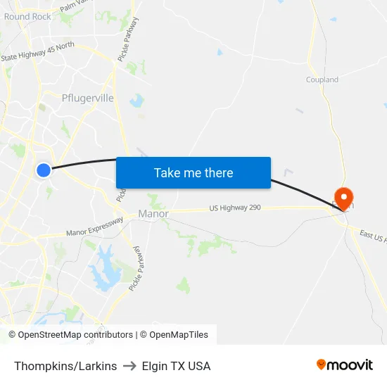 Thompkins/Larkins to Elgin TX USA map