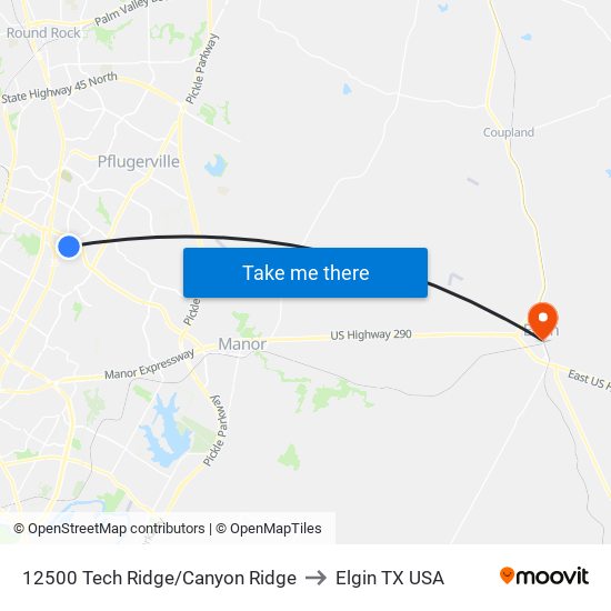 12500 Tech Ridge/Canyon Ridge to Elgin TX USA map