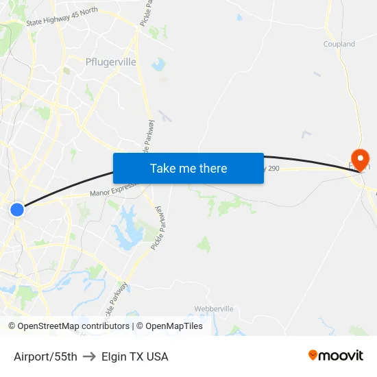 Airport/55th to Elgin TX USA map