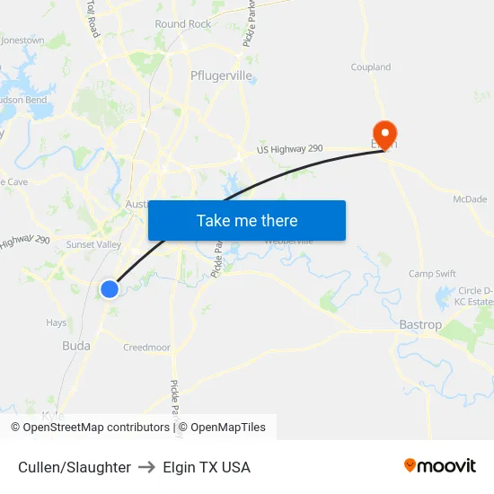 Cullen/Slaughter to Elgin TX USA map