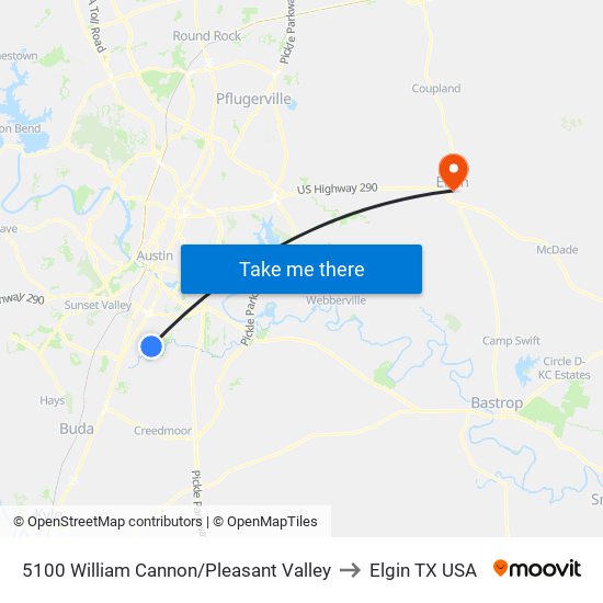 5100 William Cannon/Pleasant Valley to Elgin TX USA map