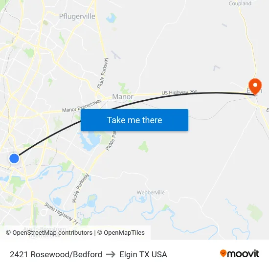 2421 Rosewood/Bedford to Elgin TX USA map