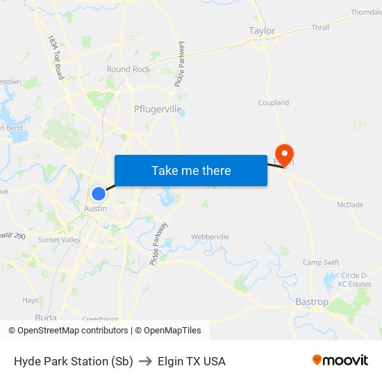 Hyde Park Station (Sb) to Elgin TX USA map