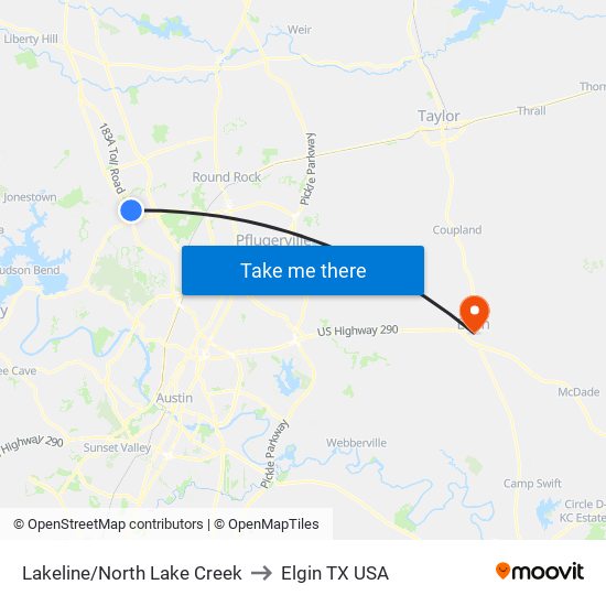 Lakeline/North Lake Creek to Elgin TX USA map