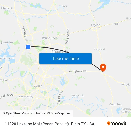 11020 Lakeline Mall/Pecan Park to Elgin TX USA map