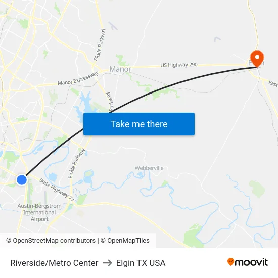 Riverside/Metro Center to Elgin TX USA map