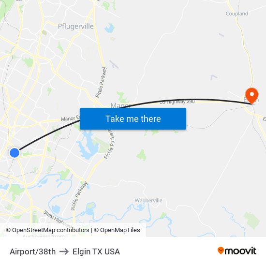 Airport/38th to Elgin TX USA map